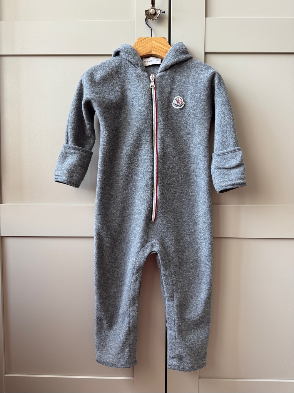 Moncler Kid’s Pagliaccetto Fleece Onesie Foldover Mittens and Footie Hooded Gray